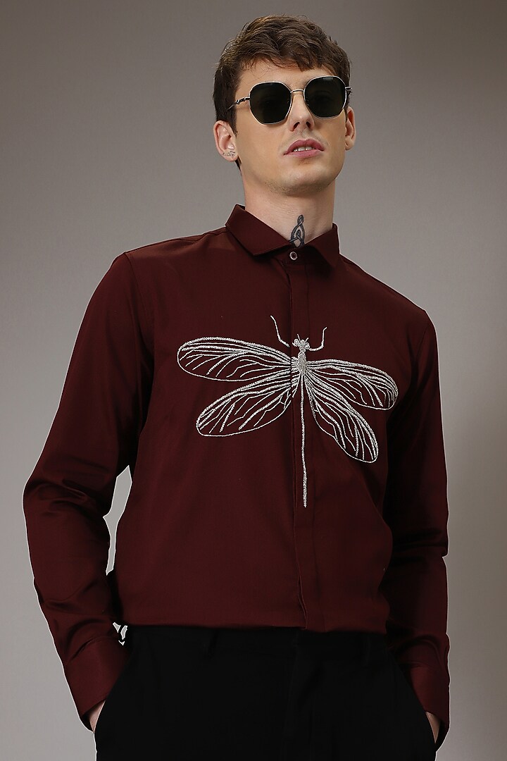 Burgundy Cotton Lycra Hand Embroidered Party Wear Shirt by Komal Kothari at Pernia's Pop Up Shop