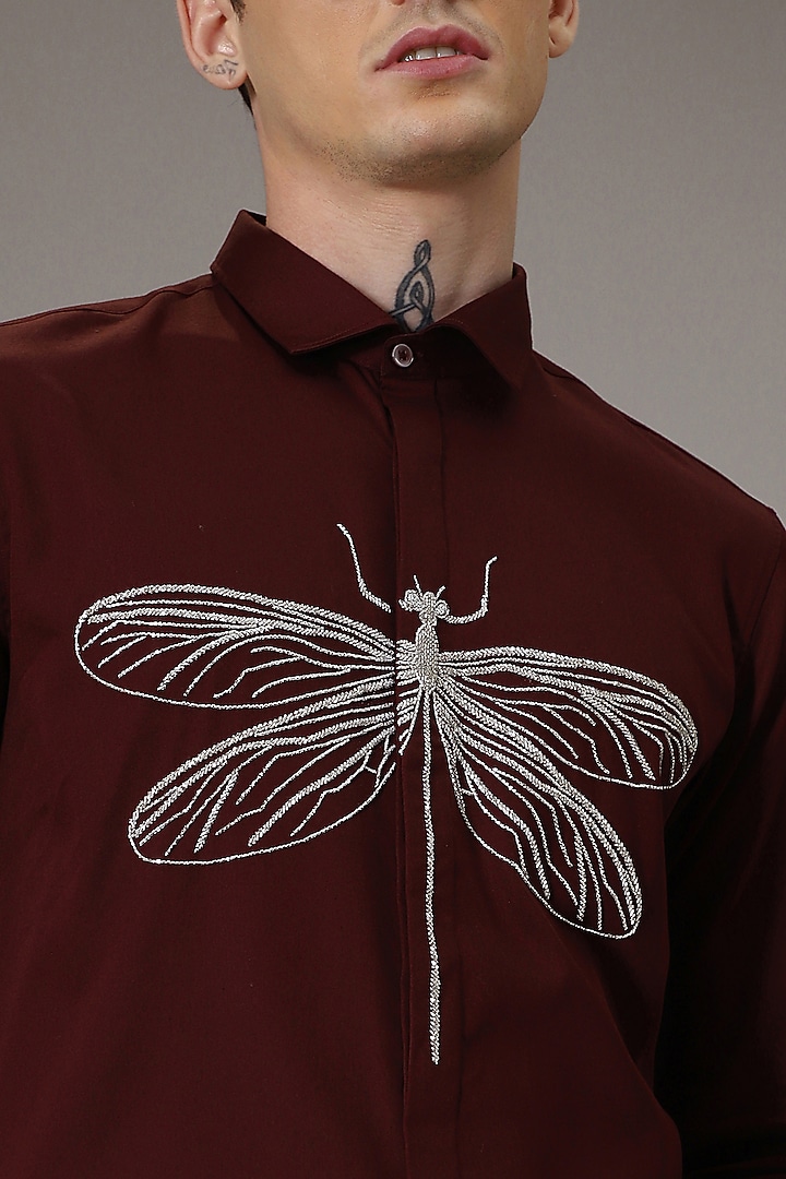 Burgundy Cotton Lycra Hand Embroidered Party Wear Shirt by Komal Kothari at Pernia's Pop Up Shop