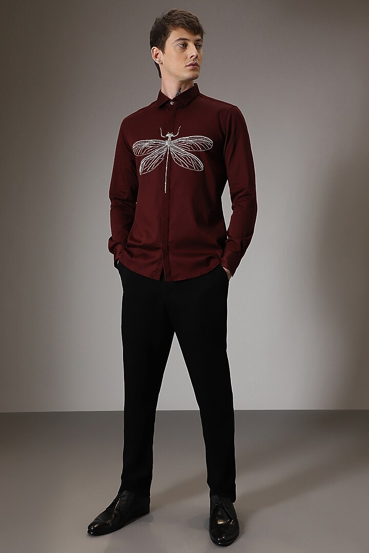 Burgundy Cotton Lycra Hand Embroidered Party Wear Shirt by Komal Kothari at Pernia's Pop Up Shop