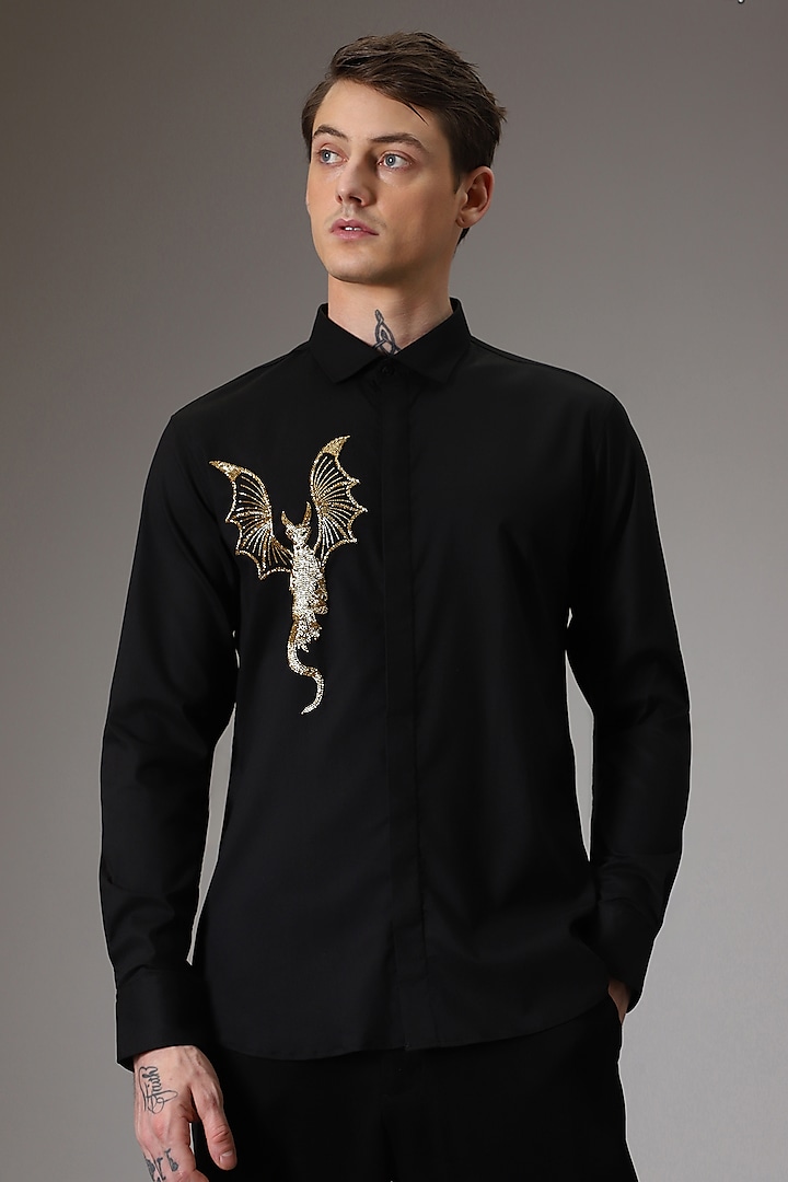 Black Cotton Lycra Hand Embroidered Shirt by Komal Kothari