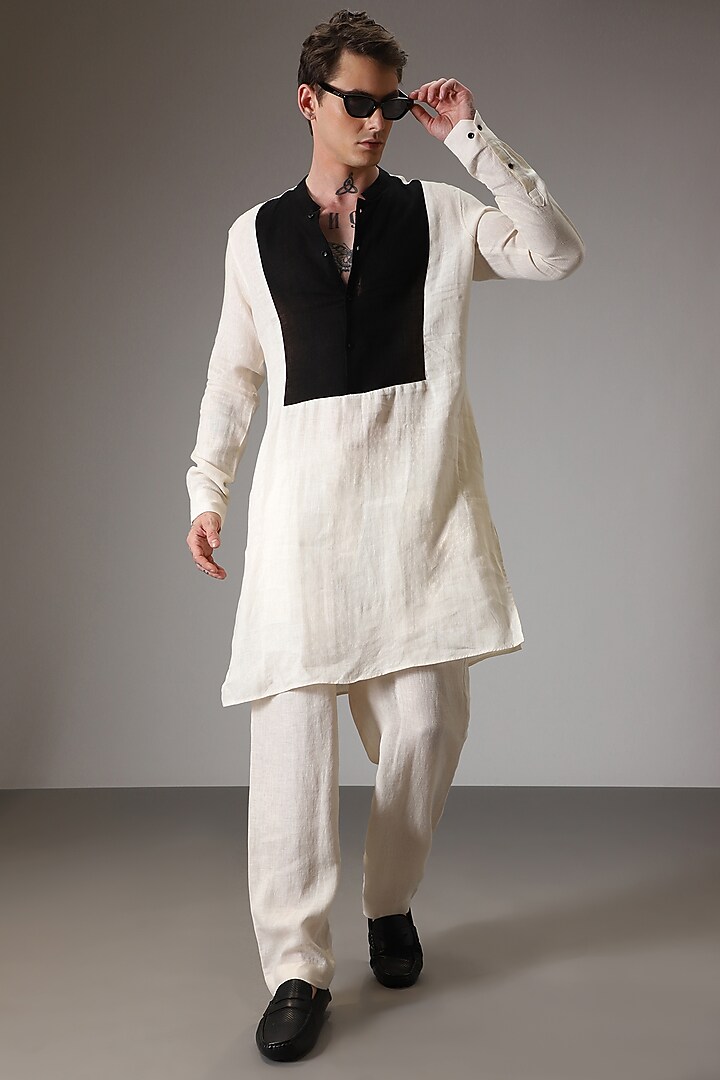 Ivory & Black Linen Kurta Set by Komal Kothari at Pernia's Pop Up Shop