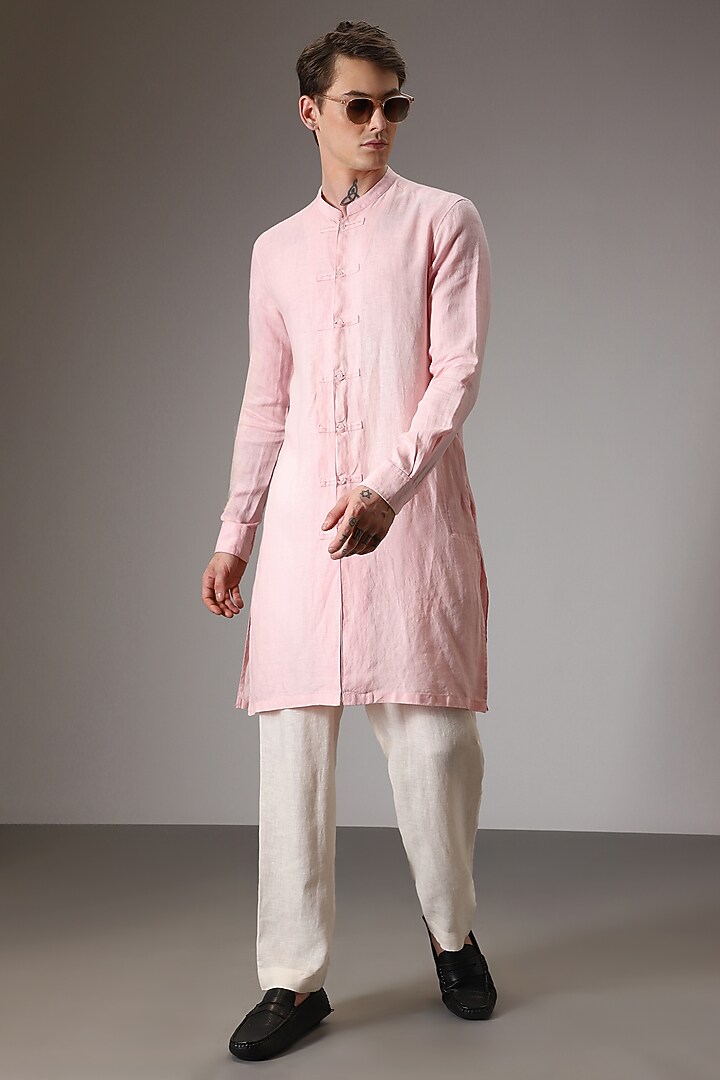Baby Pink Linen Kurta Set by Komal Kothari at Pernia's Pop Up Shop