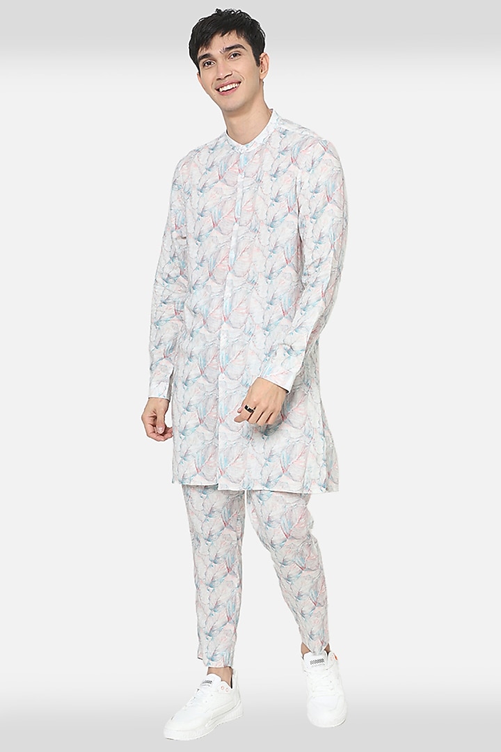 White Linen Printed Kurta Set by Komal Kothari