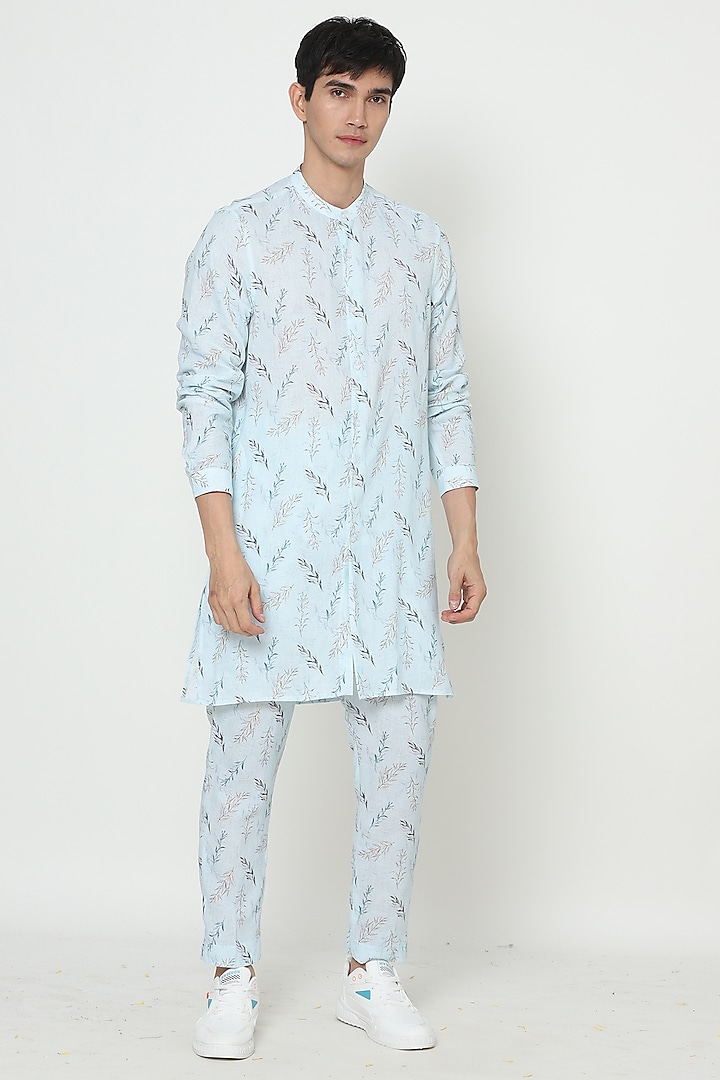 Sky Blue Linen Printed Kurta Set by Komal Kothari