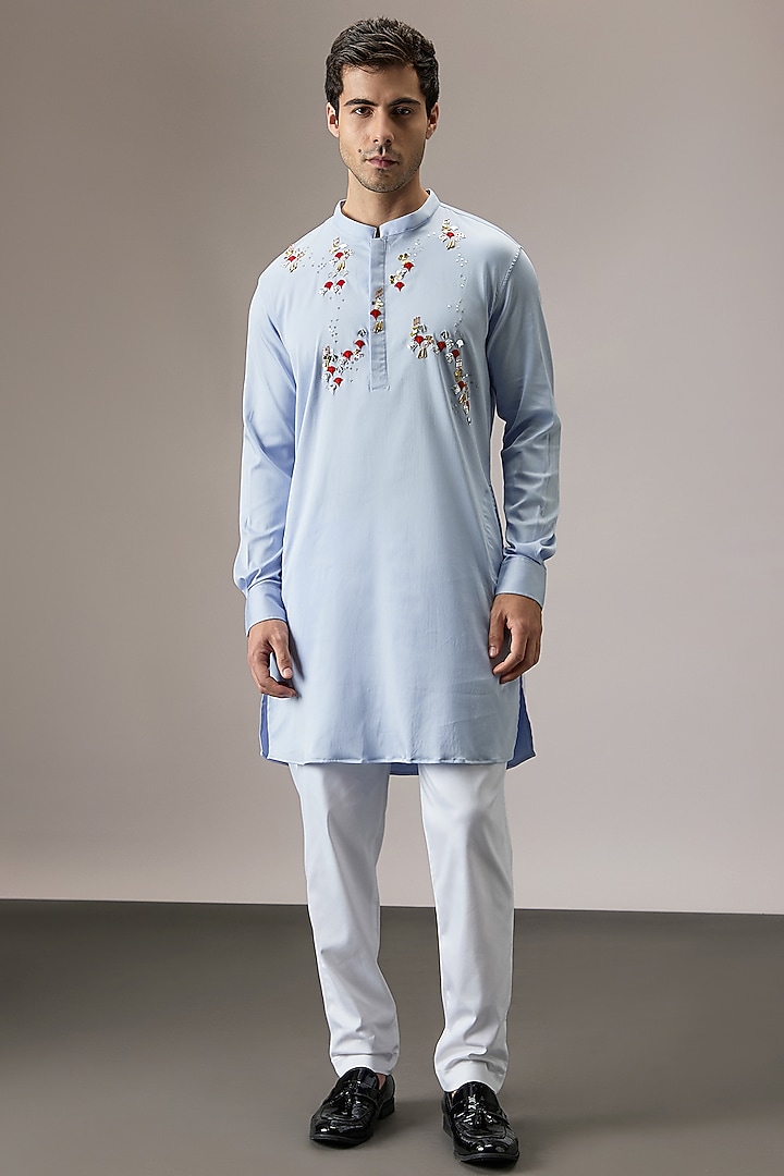 Powder Blue Cotton Hand Embroidered Kurta Set by Komal Kothari