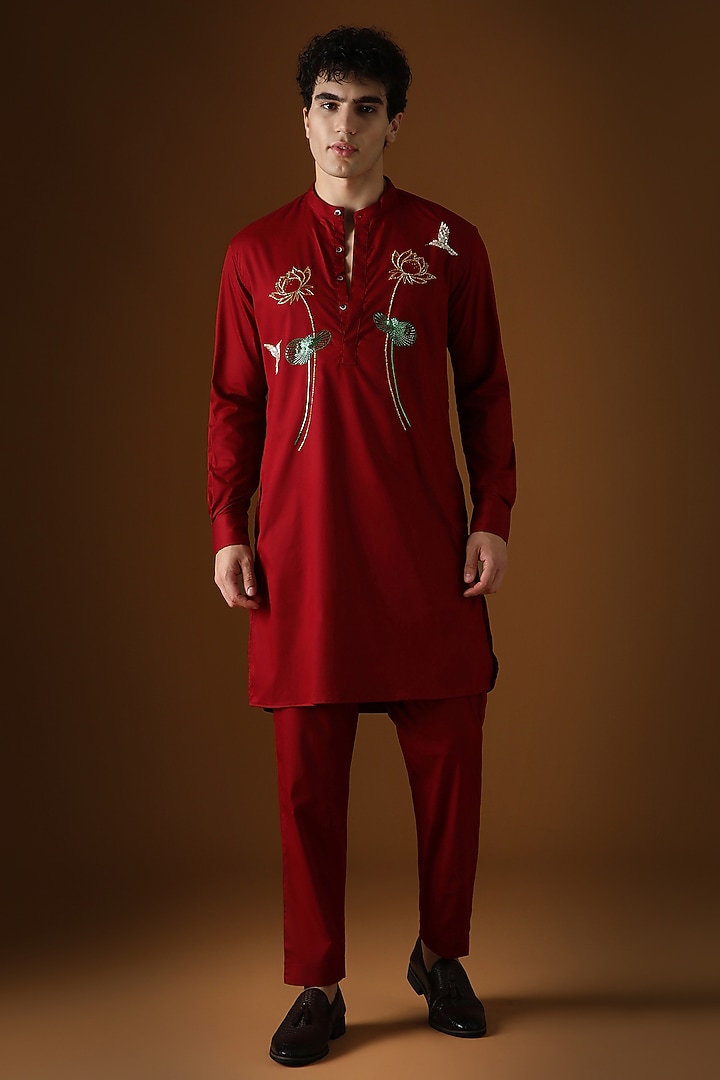 Maroon Cotton Hand Embroidered Kurta by Komal Kothari