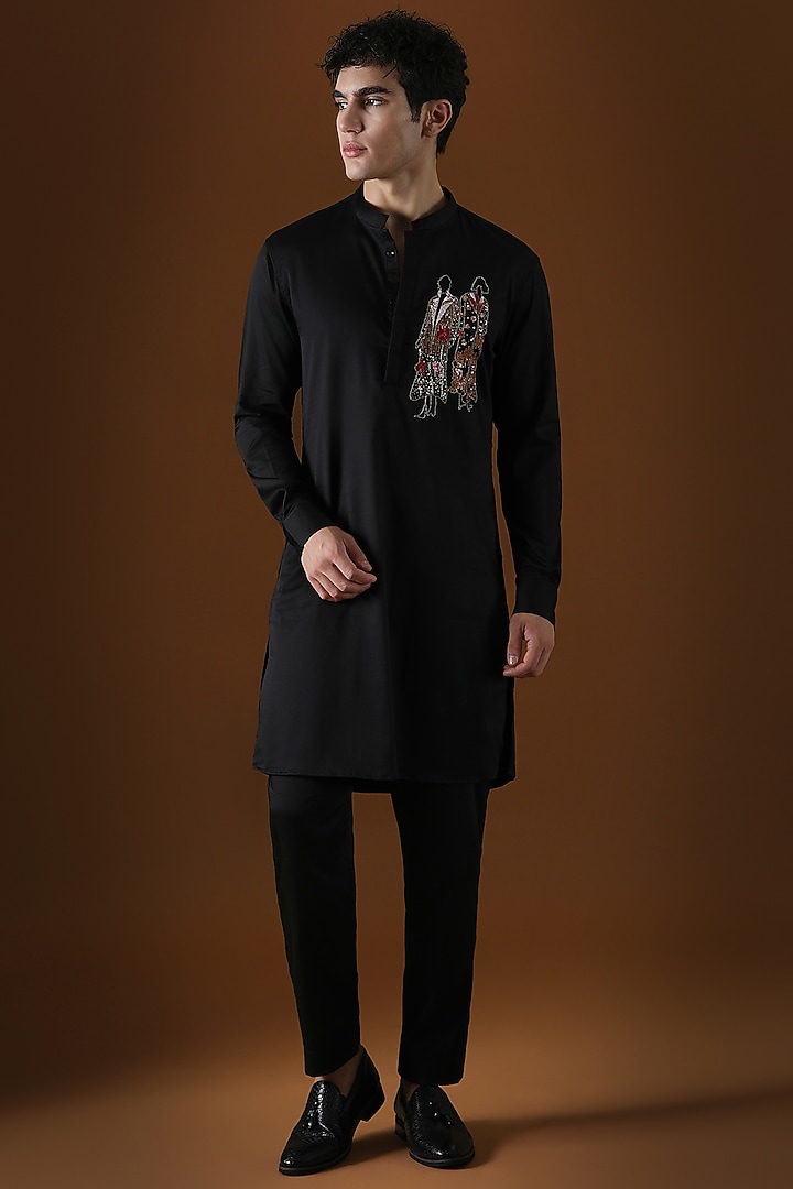 Black Cotton Hand Embroidered Kurta Set by Komal Kothari
