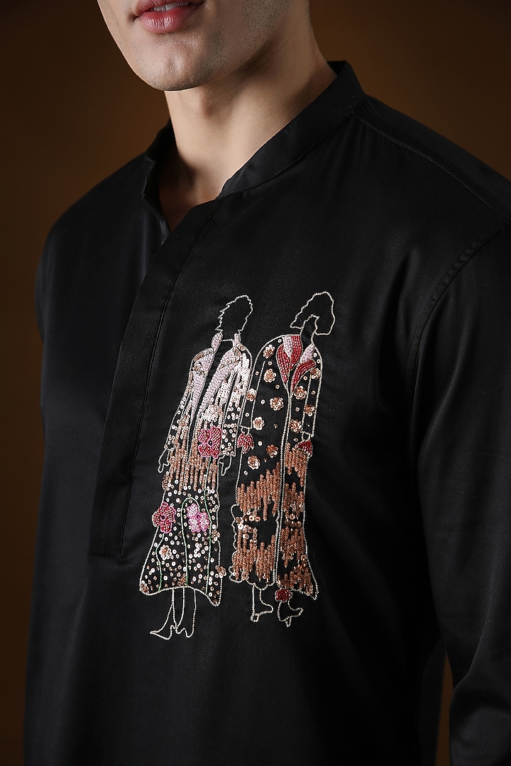 Black Cotton Hand Embroidered Kurta Set by Komal Kothari at Pernia's Pop Up Shop