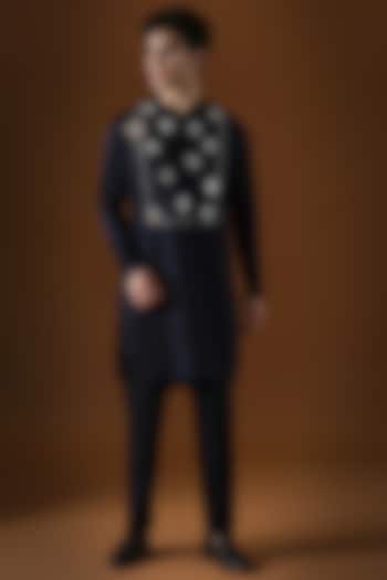 Navy Blue Cotton Hand Embroidered Kurta Set by Komal Kothari