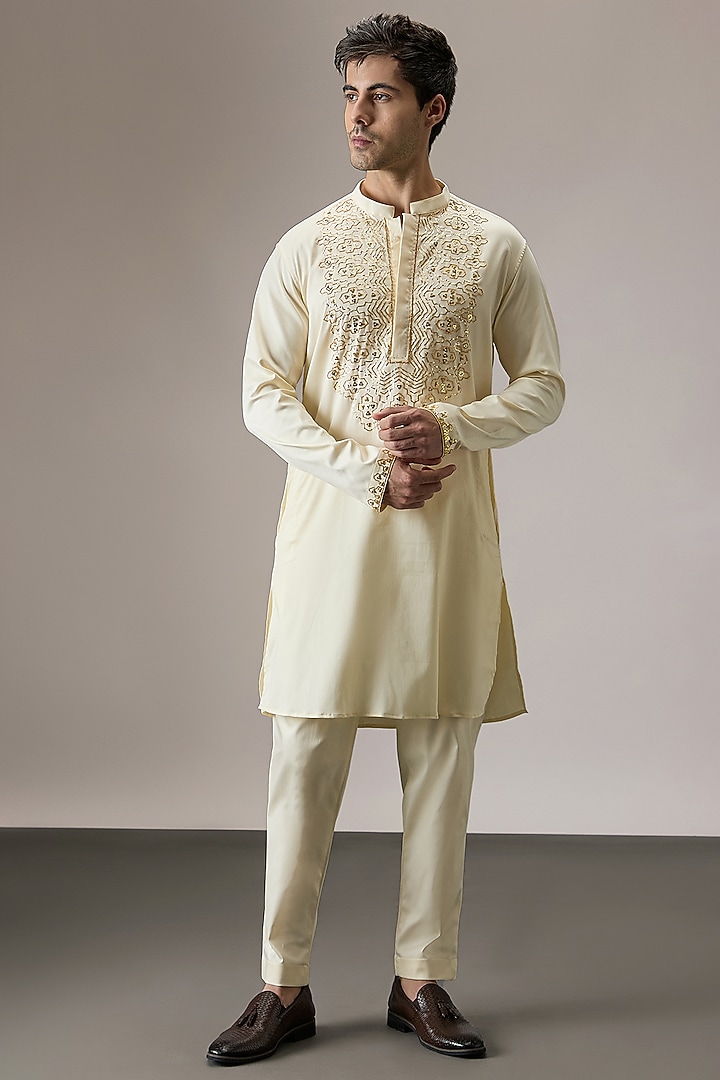 Ivory Cotton Hand Embroidered Kurta Set by Komal Kothari