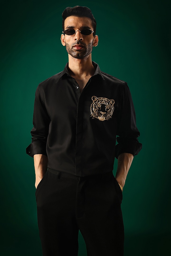 Black Cotton Satin Tiger Stone Hand Embroidered Party Wear Shirt by Komal Kothari at Pernia's Pop Up Shop
