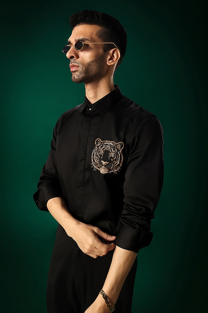Black Cotton Satin Tiger Stone Hand Embroidered Party Wear Shirt by Komal Kothari at Pernia's Pop Up Shop