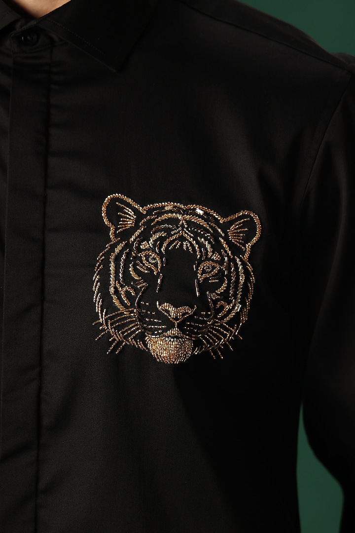 Black Cotton Satin Tiger Stone Hand Embroidered Party Wear Shirt by Komal Kothari at Pernia's Pop Up Shop