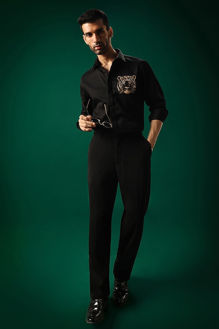 Black Cotton Satin Tiger Stone Hand Embroidered Party Wear Shirt by Komal Kothari at Pernia's Pop Up Shop