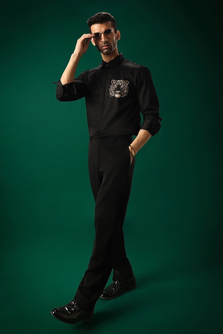 Black Cotton Satin Tiger Stone Hand Embroidered Party Wear Shirt by Komal Kothari at Pernia's Pop Up Shop