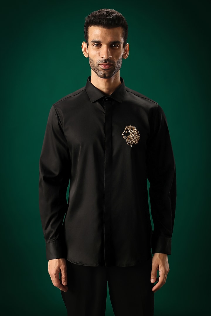 Black Cotton Satin Lion Stone Hand Embroidered Party Wear Shirt by Komal Kothari at Pernia's Pop Up Shop