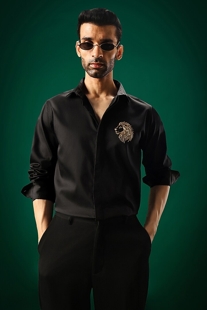 Black Cotton Satin Lion Stone Hand Embroidered Party Wear Shirt by Komal Kothari at Pernia's Pop Up Shop