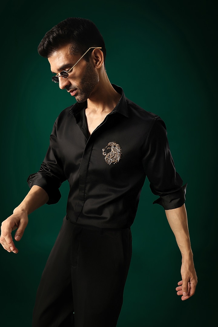 Black Cotton Satin Lion Stone Hand Embroidered Party Wear Shirt by Komal Kothari at Pernia's Pop Up Shop
