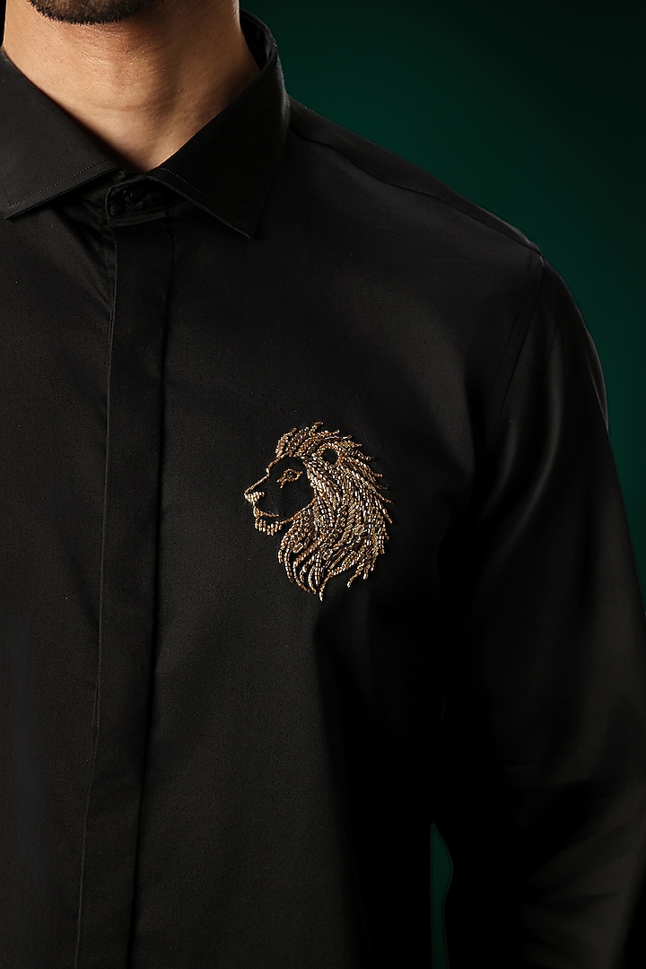 Black Cotton Satin Lion Stone Hand Embroidered Party Wear Shirt by Komal Kothari at Pernia's Pop Up Shop