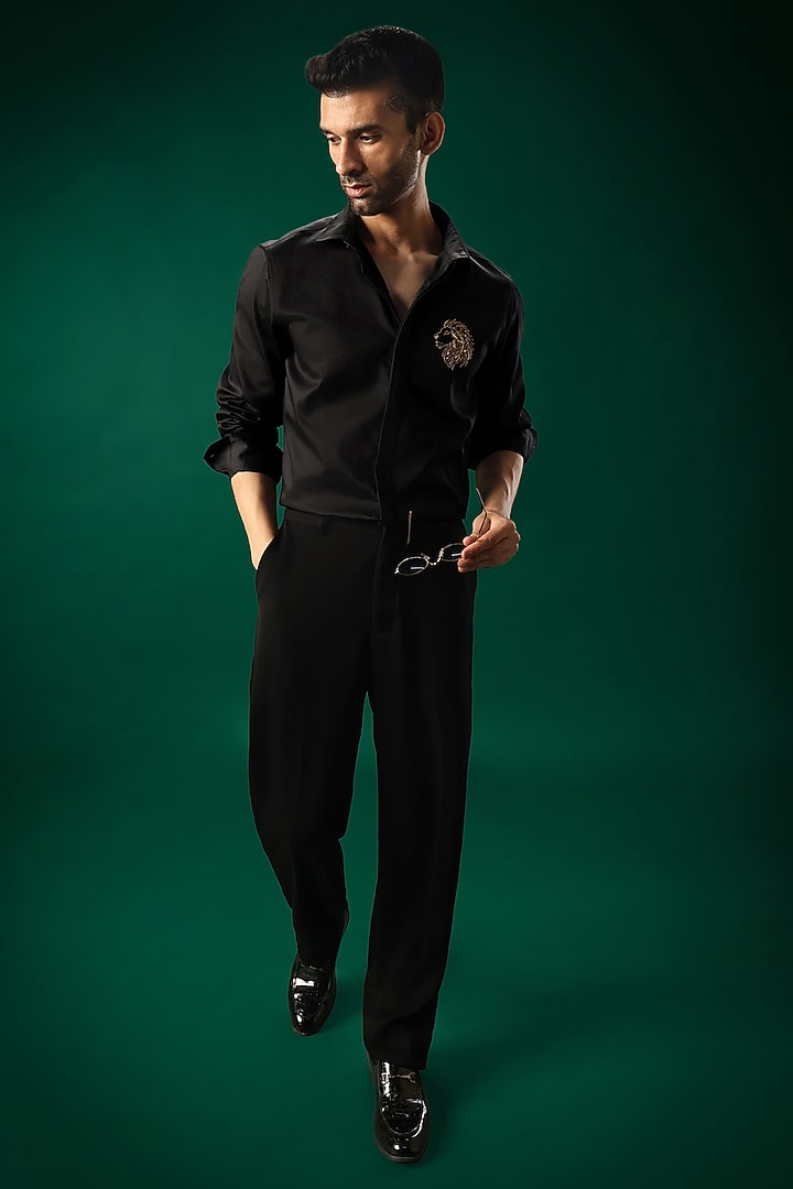 Black Cotton Satin Lion Stone Hand Embroidered Party Wear Shirt by Komal Kothari at Pernia's Pop Up Shop