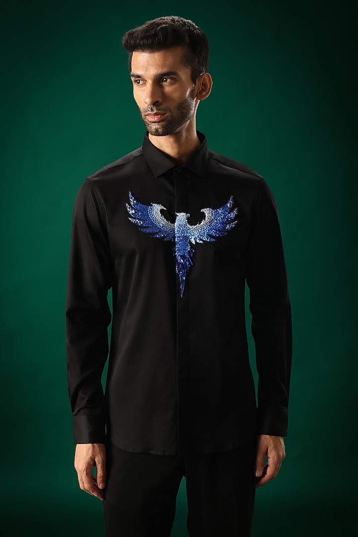 Black Cotton Satin Hand Embroidered Party Wear Shirt by Komal Kothari at Pernia's Pop Up Shop