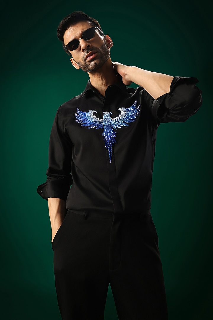 Black Cotton Satin Hand Embroidered Party Wear Shirt by Komal Kothari at Pernia's Pop Up Shop