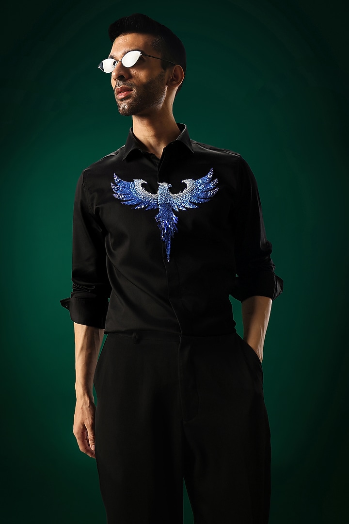 Black Cotton Satin Hand Embroidered Party Wear Shirt by Komal Kothari at Pernia's Pop Up Shop