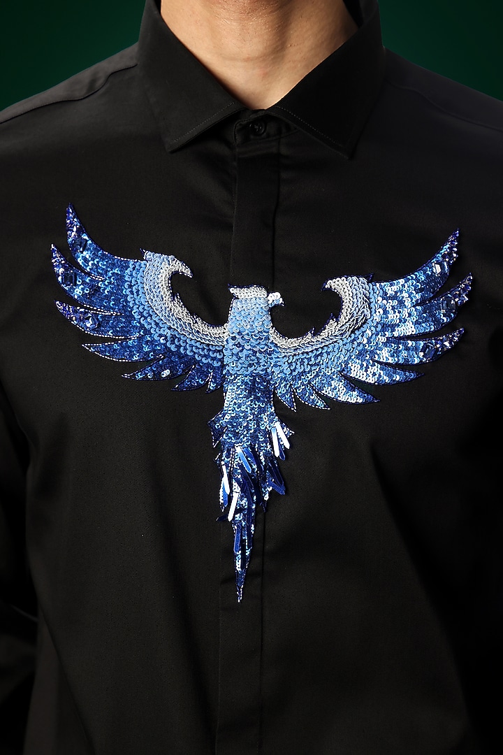 Black Cotton Satin Hand Embroidered Party Wear Shirt by Komal Kothari at Pernia's Pop Up Shop