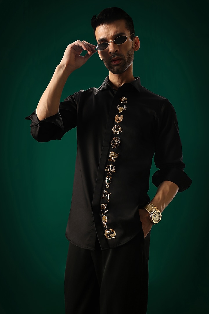 Black Cotton Satin Hand Embroidered Party Wear Shirt by Komal Kothari at Pernia's Pop Up Shop