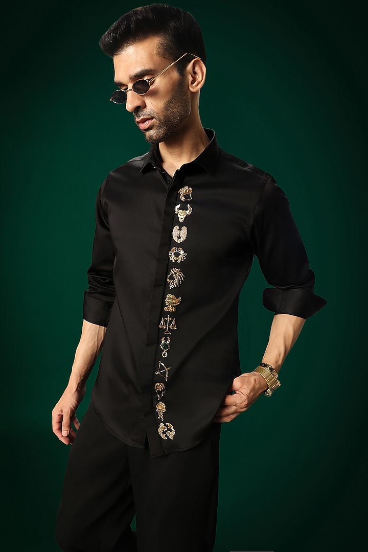 Black Cotton Satin Hand Embroidered Party Wear Shirt by Komal Kothari at Pernia's Pop Up Shop