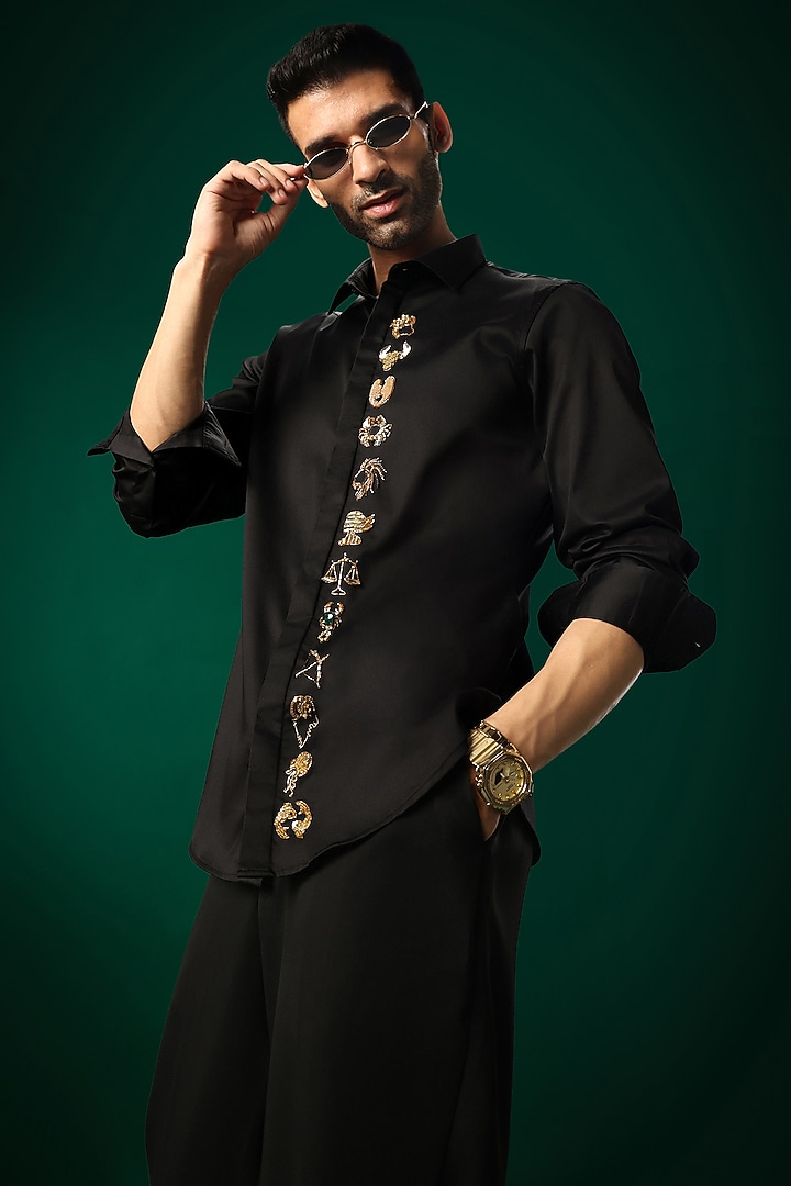 Black Cotton Satin Hand Embroidered Party Wear Shirt by Komal Kothari at Pernia's Pop Up Shop