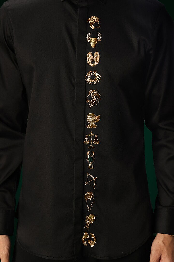 Black Cotton Satin Hand Embroidered Party Wear Shirt by Komal Kothari at Pernia's Pop Up Shop