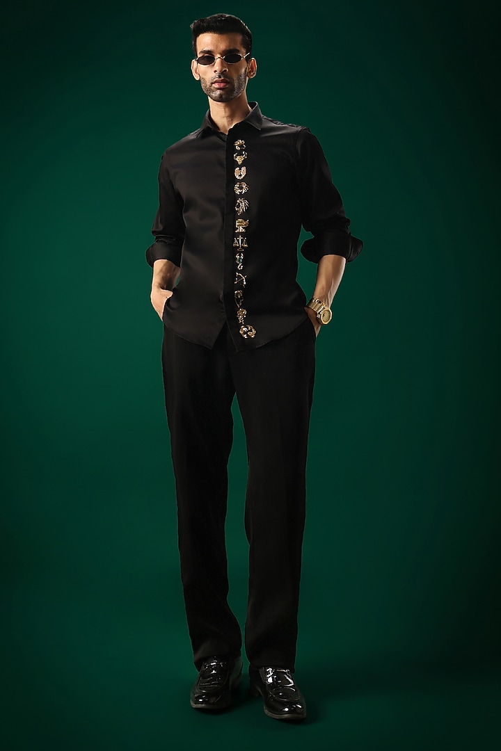 Black Cotton Satin Hand Embroidered Party Wear Shirt by Komal Kothari at Pernia's Pop Up Shop