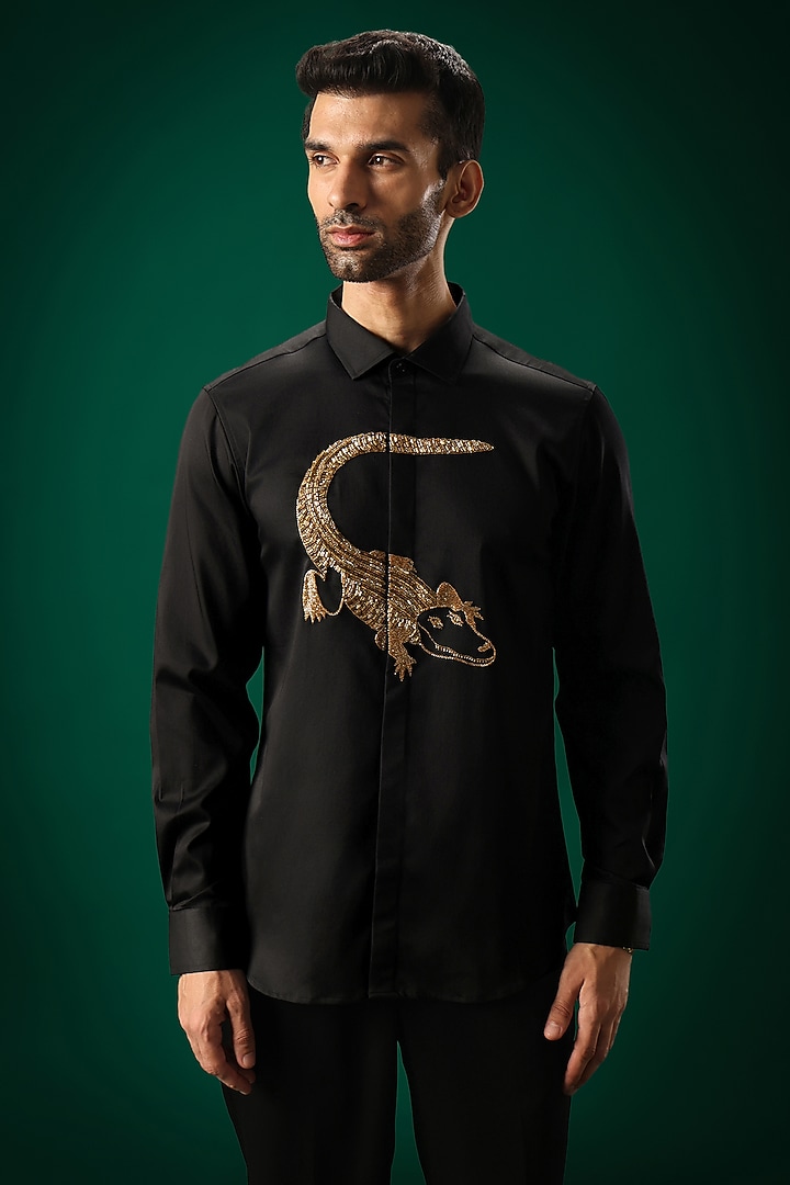 Black Cotton Satin Hand Embroidered Party Wear Shirt by Komal Kothari at Pernia's Pop Up Shop