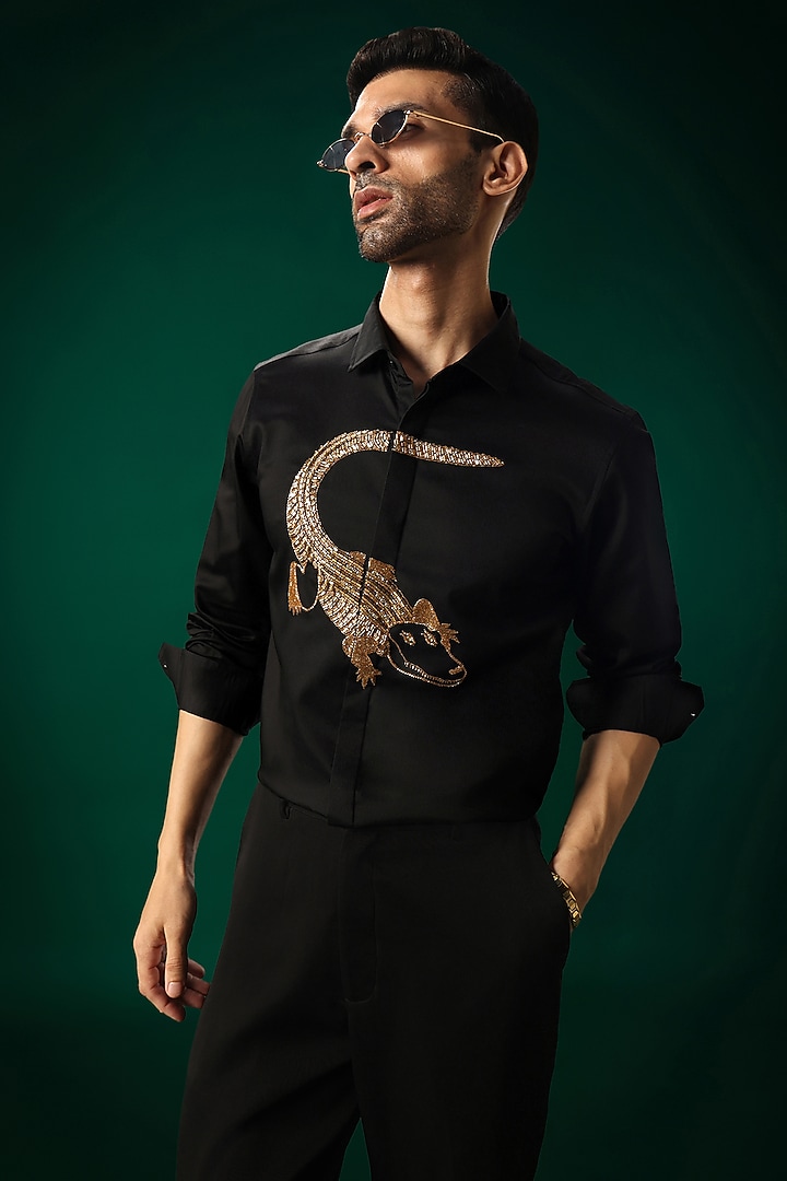 Black Cotton Satin Hand Embroidered Party Wear Shirt by Komal Kothari at Pernia's Pop Up Shop