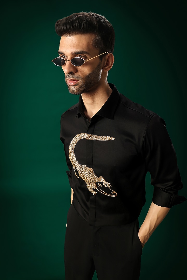 Black Cotton Satin Hand Embroidered Party Wear Shirt by Komal Kothari at Pernia's Pop Up Shop