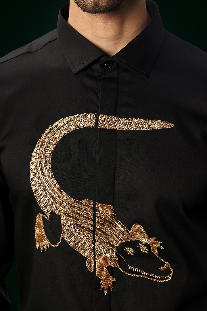 Black Cotton Satin Hand Embroidered Party Wear Shirt by Komal Kothari at Pernia's Pop Up Shop