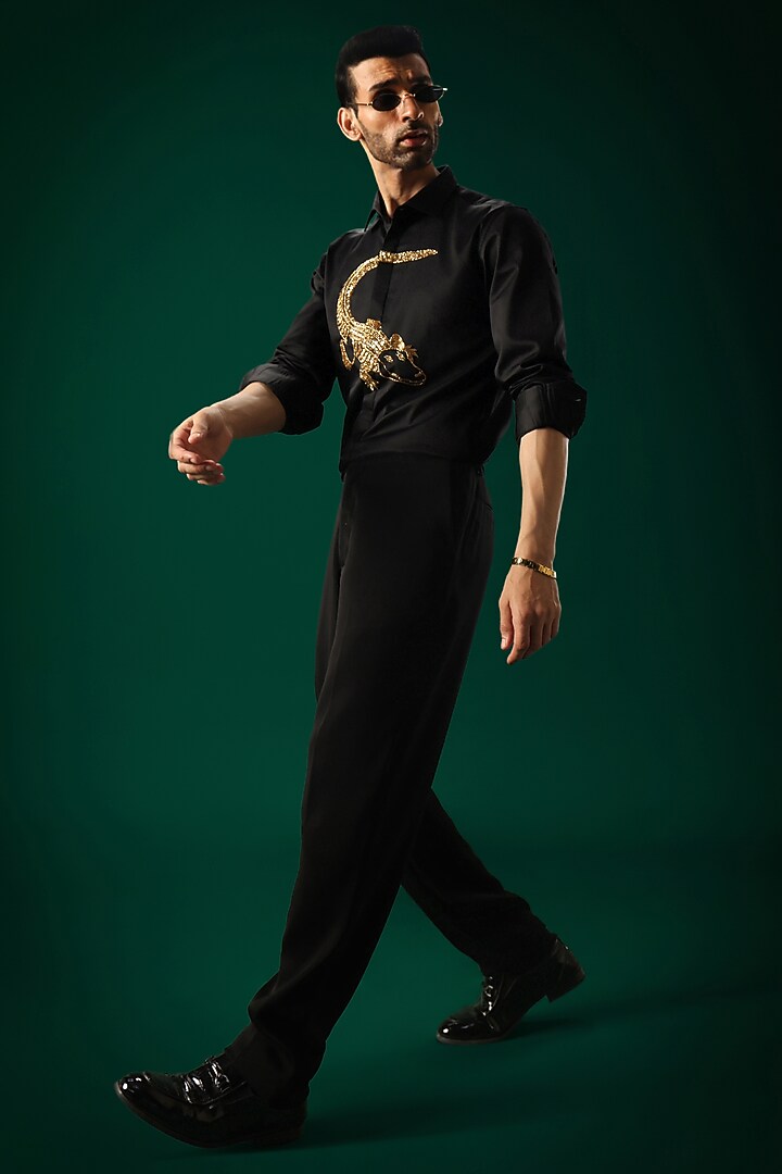 Black Cotton Satin Hand Embroidered Party Wear Shirt by Komal Kothari at Pernia's Pop Up Shop