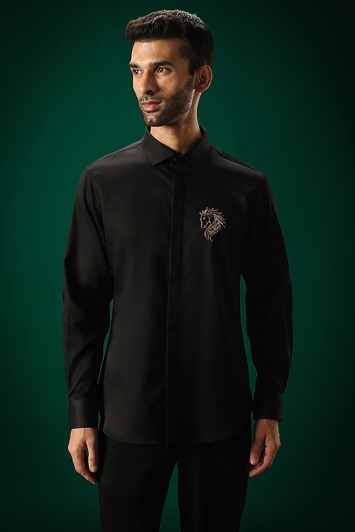 Black Cotton Satin Hand Embroidered Party Wear Shirt by Komal Kothari at Pernia's Pop Up Shop