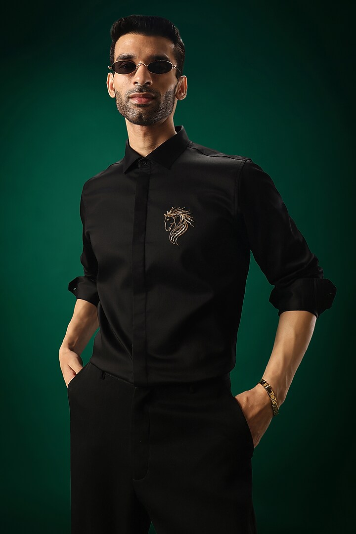 Black Cotton Satin Hand Embroidered Party Wear Shirt by Komal Kothari at Pernia's Pop Up Shop
