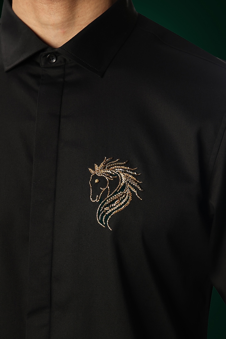 Black Cotton Satin Hand Embroidered Party Wear Shirt by Komal Kothari at Pernia's Pop Up Shop