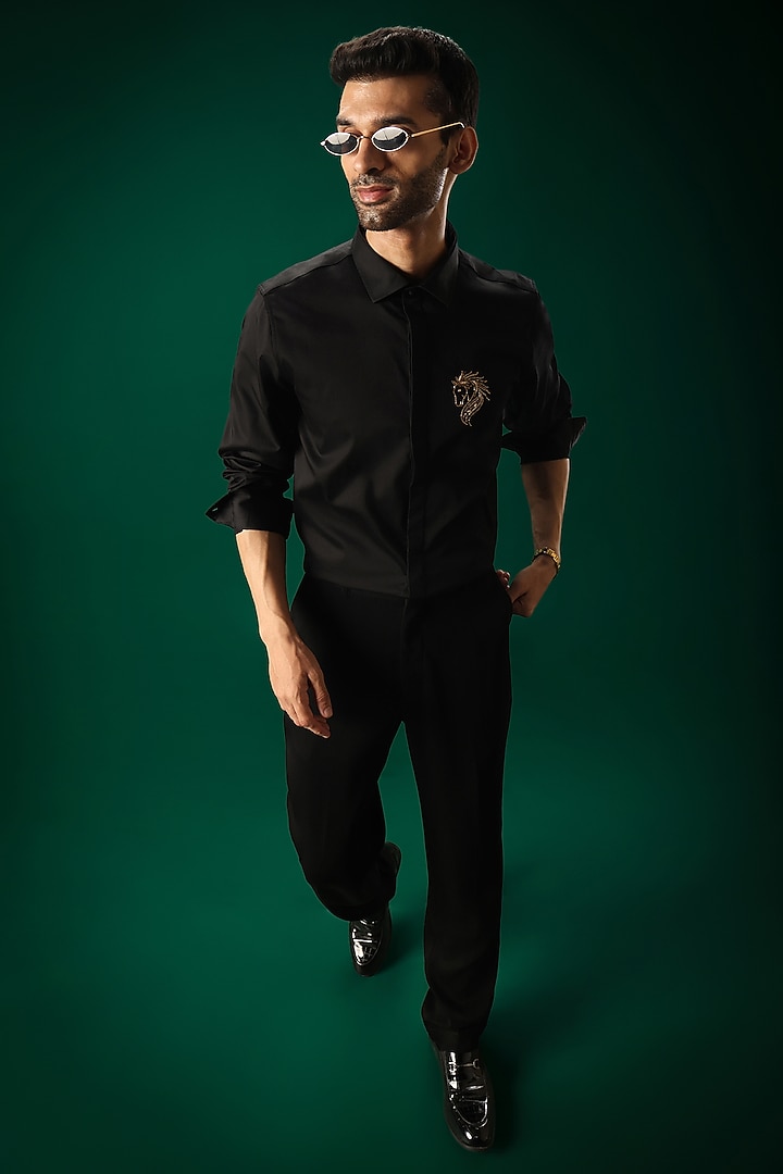 Black Cotton Satin Hand Embroidered Party Wear Shirt by Komal Kothari at Pernia's Pop Up Shop