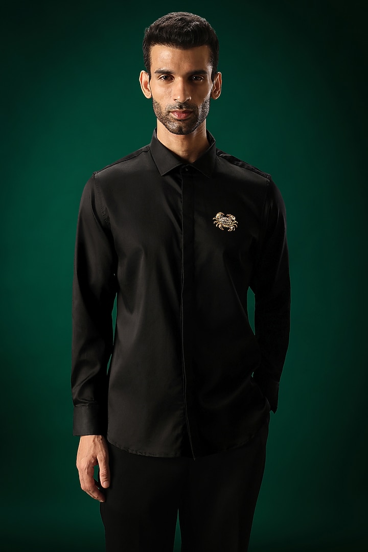 Black Cotton Satin Crab Hand Embroidered Party Wear Shirt by Komal Kothari at Pernia's Pop Up Shop
