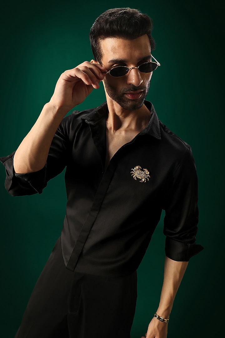 Black Cotton Satin Crab Hand Embroidered Party Wear Shirt by Komal Kothari at Pernia's Pop Up Shop