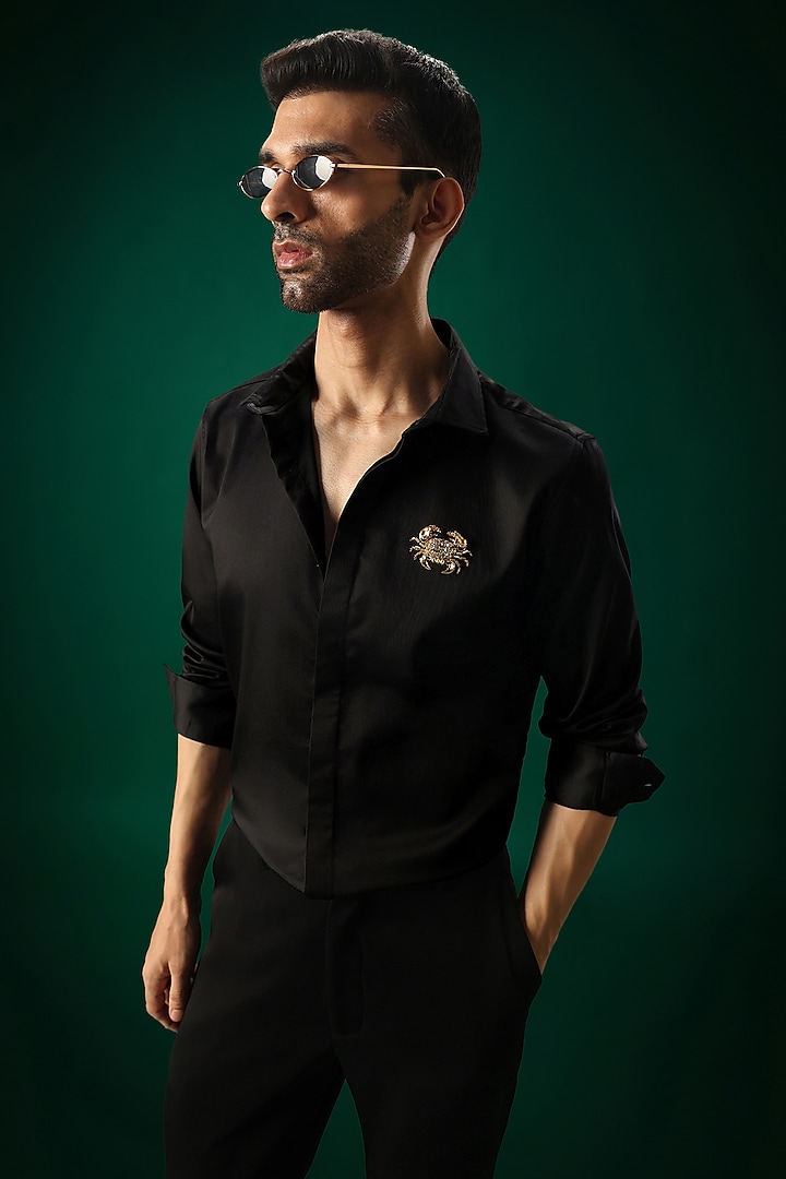 Black Cotton Satin Crab Hand Embroidered Party Wear Shirt by Komal Kothari at Pernia's Pop Up Shop