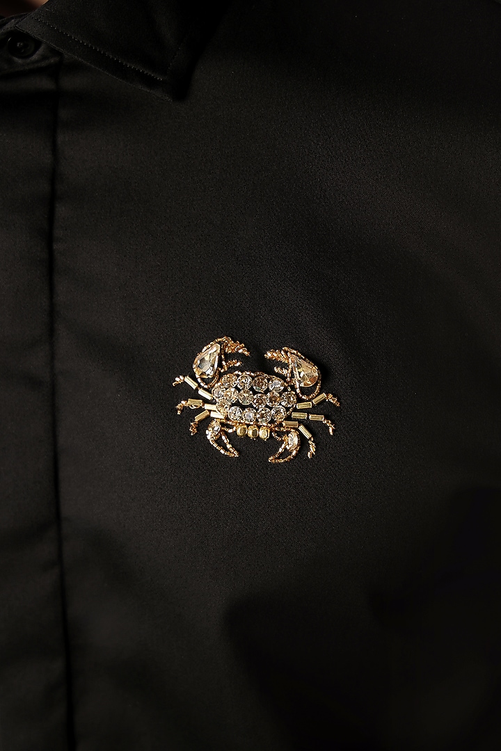 Black Cotton Satin Crab Hand Embroidered Party Wear Shirt by Komal Kothari at Pernia's Pop Up Shop