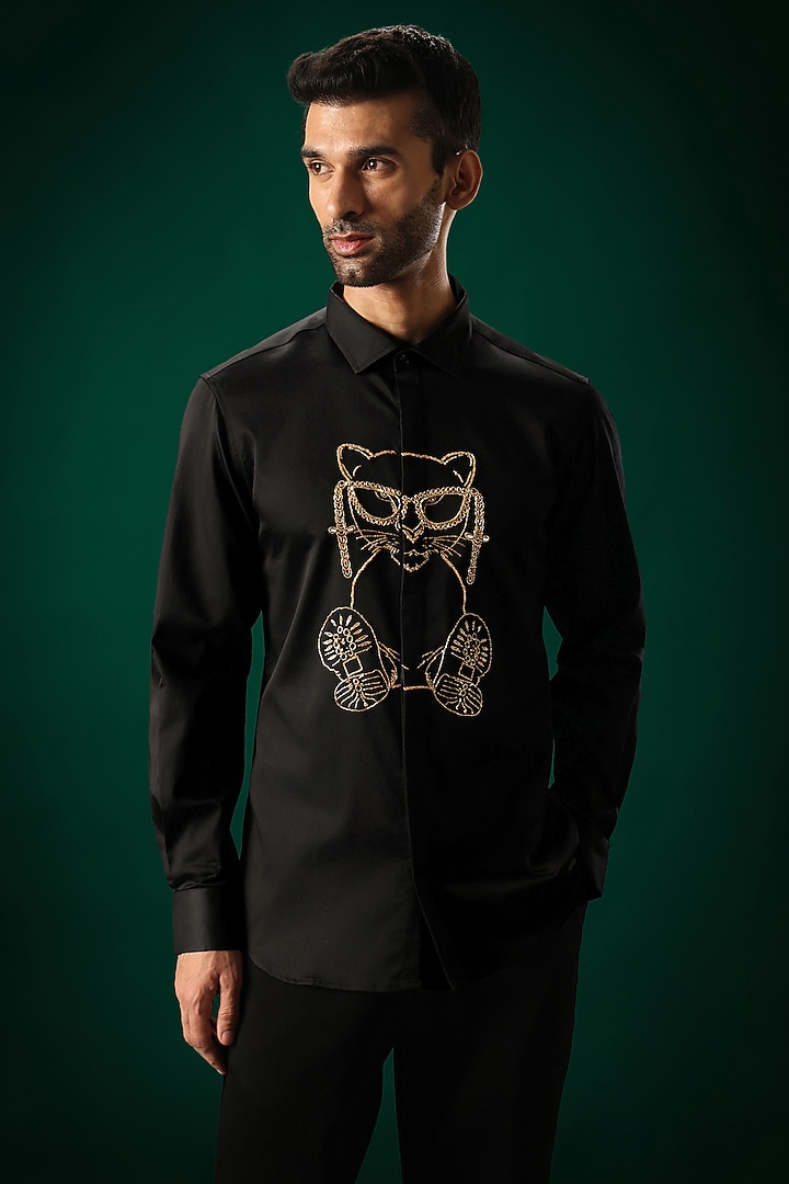 Black Cotton Satin Cat Hand Embroidered Party Wear Shirt by Komal Kothari at Pernia's Pop Up Shop