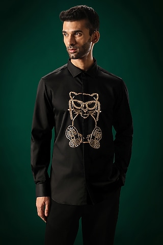 Black Cotton Satin Cat Hand Embroidered Shirt by Komal Kothari