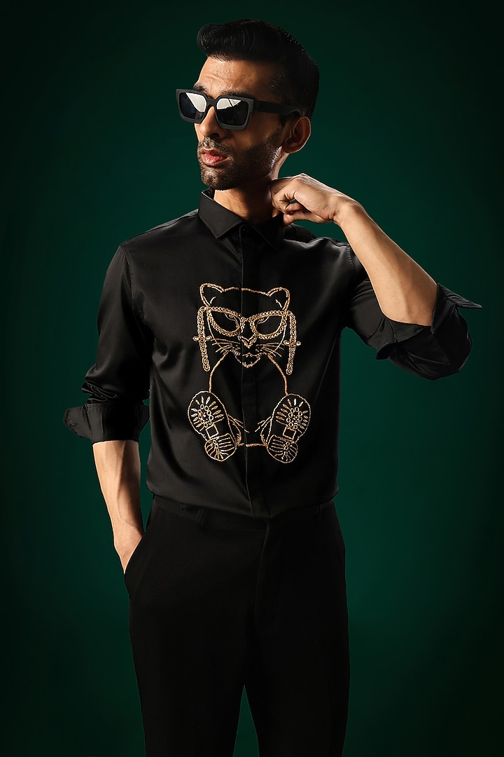 Black Cotton Satin Cat Hand Embroidered Party Wear Shirt by Komal Kothari at Pernia's Pop Up Shop