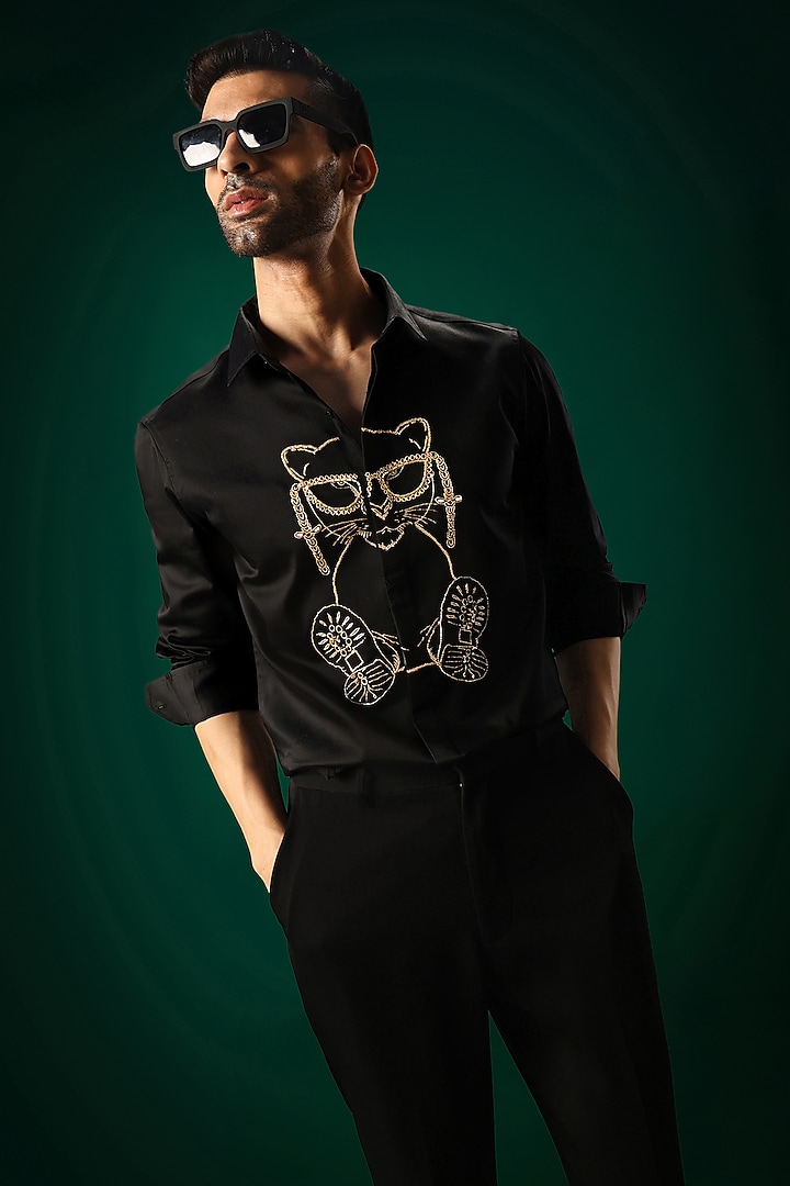 Black Cotton Satin Cat Hand Embroidered Party Wear Shirt by Komal Kothari at Pernia's Pop Up Shop